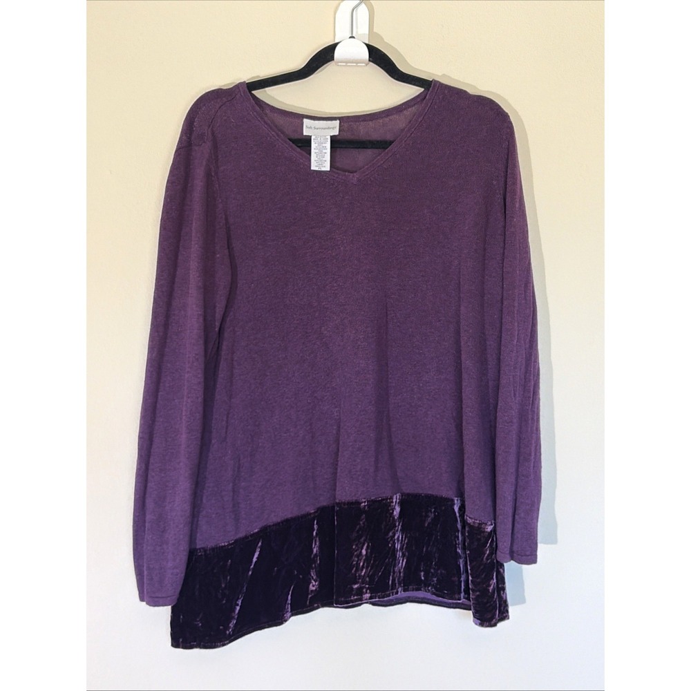 Soft Surroundings Purple Mixed Media Linen Silk Velvet Vneck Shirt Blouse Top PL